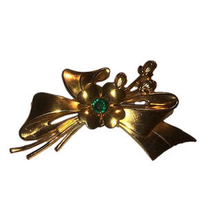 VTG 1930s Brass & Green Rhinestone Floral Flower Ribbon Bow Brooch 3” x 1.7”